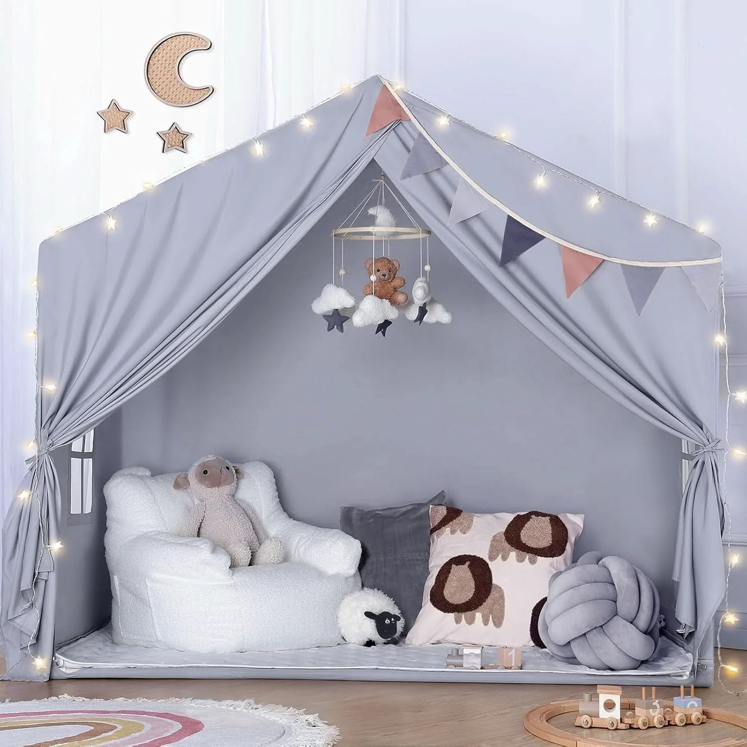 Carefully Designed Oversized Gray Indoor Playhouse Tent With Illumination Sustainable