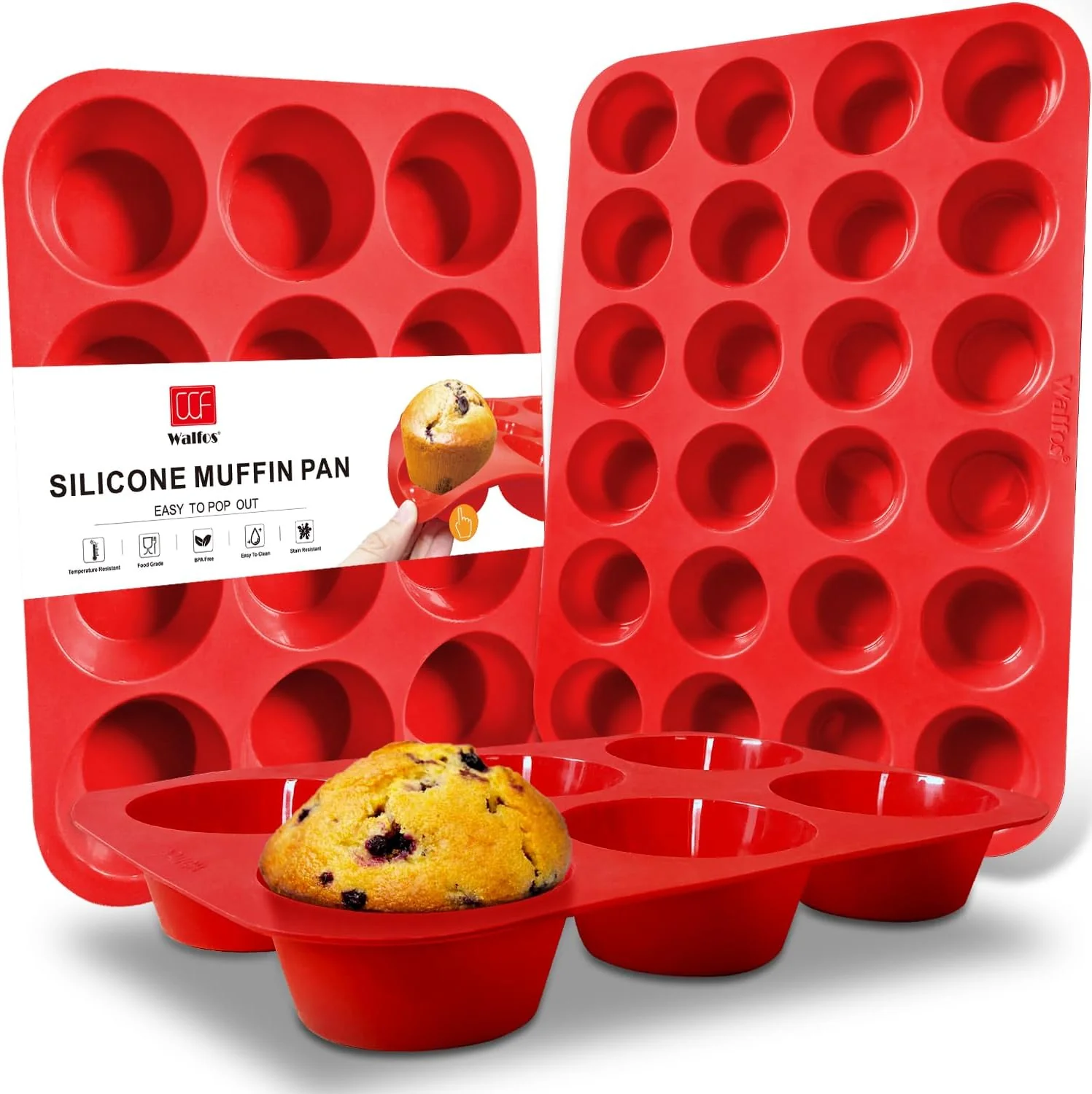Refined Walfos Silicone Muffin Pan - Cupcake Pans Set of 3 Including 24 Cups Mini Muffin Pans 12 Cups Regular 6 Cups Jumbo Muffin Pan Pop Out Easily Efficient