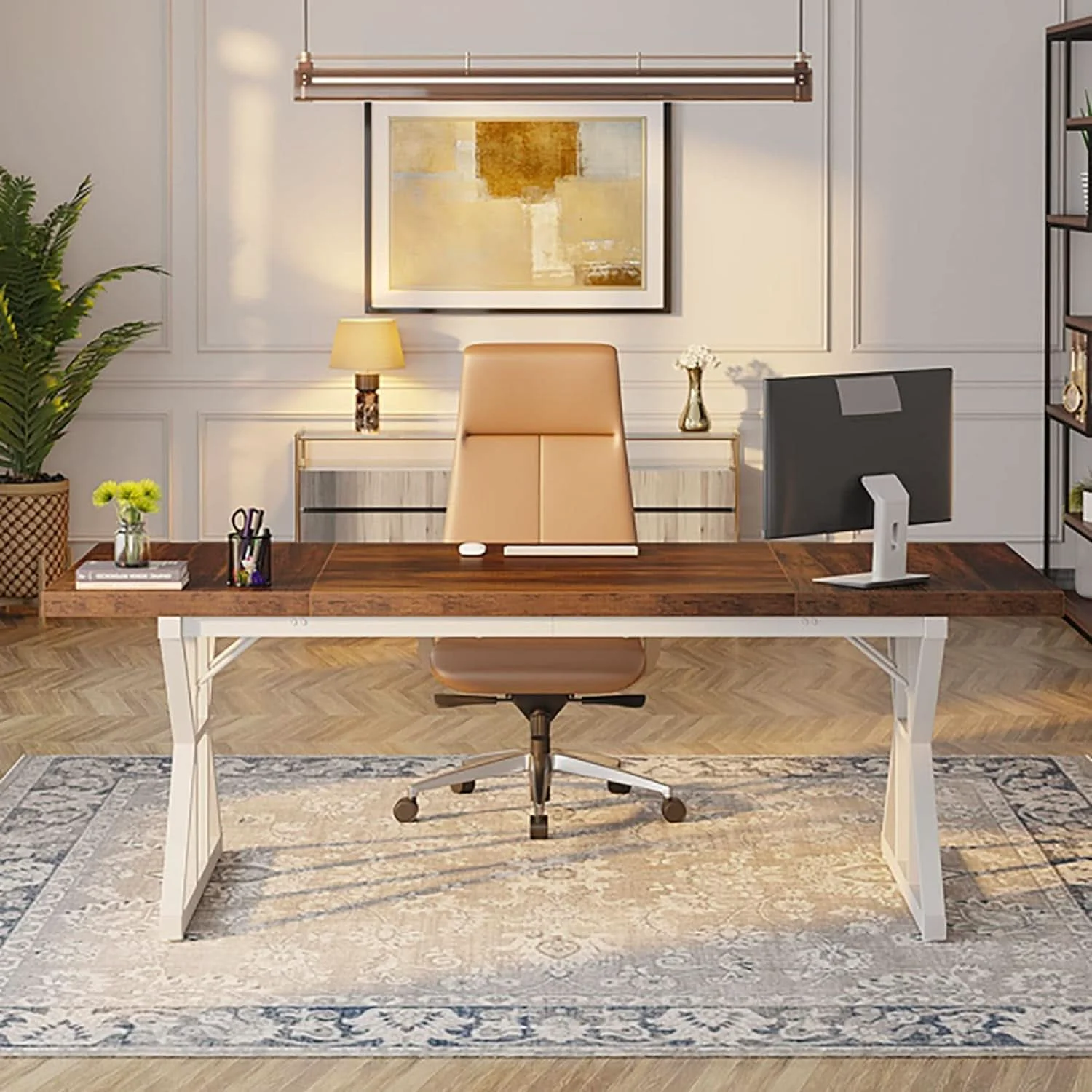 World-Class 70.8 Inch Executive Desk Brown White Home Office Desk Premium Material