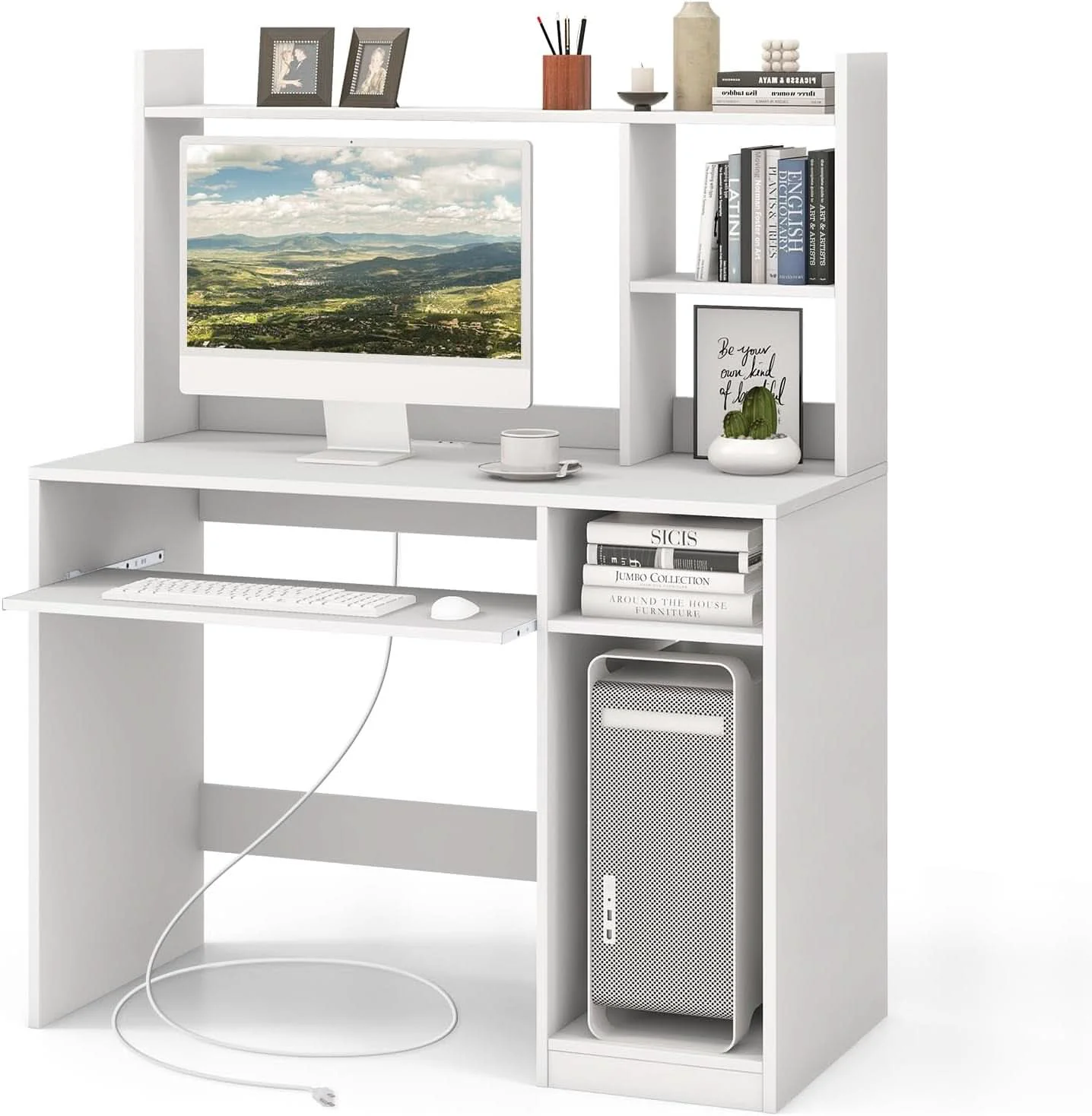 Trendy White Desk With Hutch And Charging Station For Home Office Professional