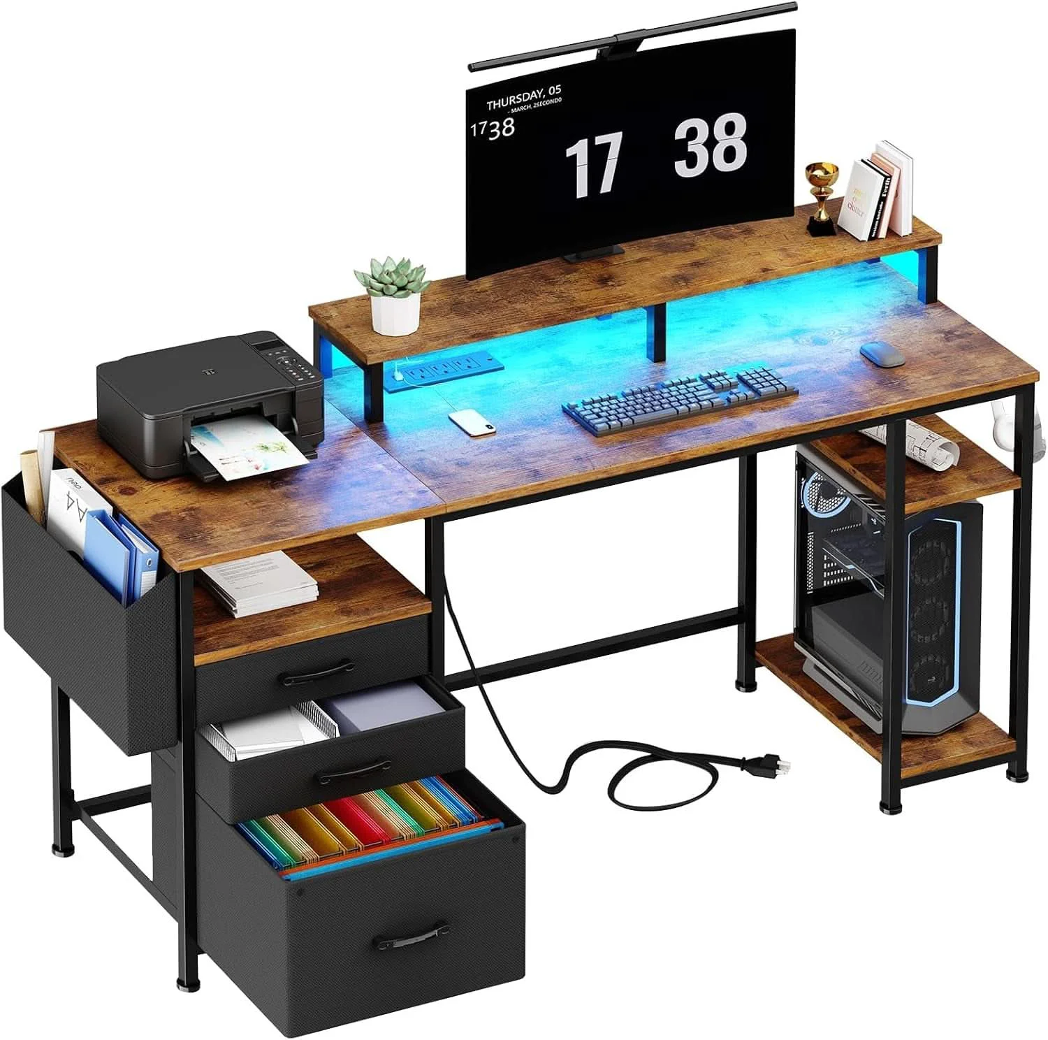Expertly Made 55 Inch Computer Desk With Power Outlets For Home Office Specialty