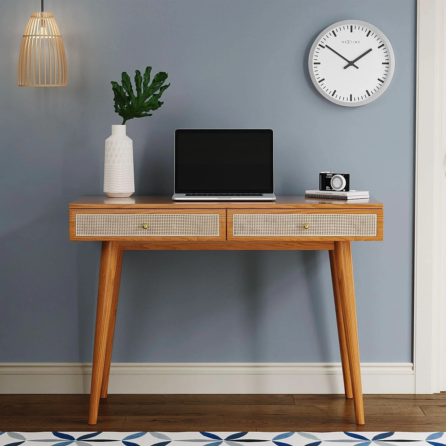 Exceptional Mid Century Modern Solid Wood Desk With Drawers 45 Inch Rattan Writing Superior