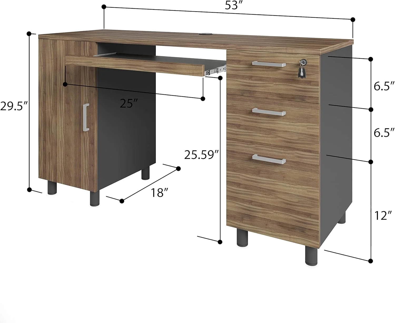Fine Walnut 53 Inches Workstation Desk Lockable Drawers Fashionable