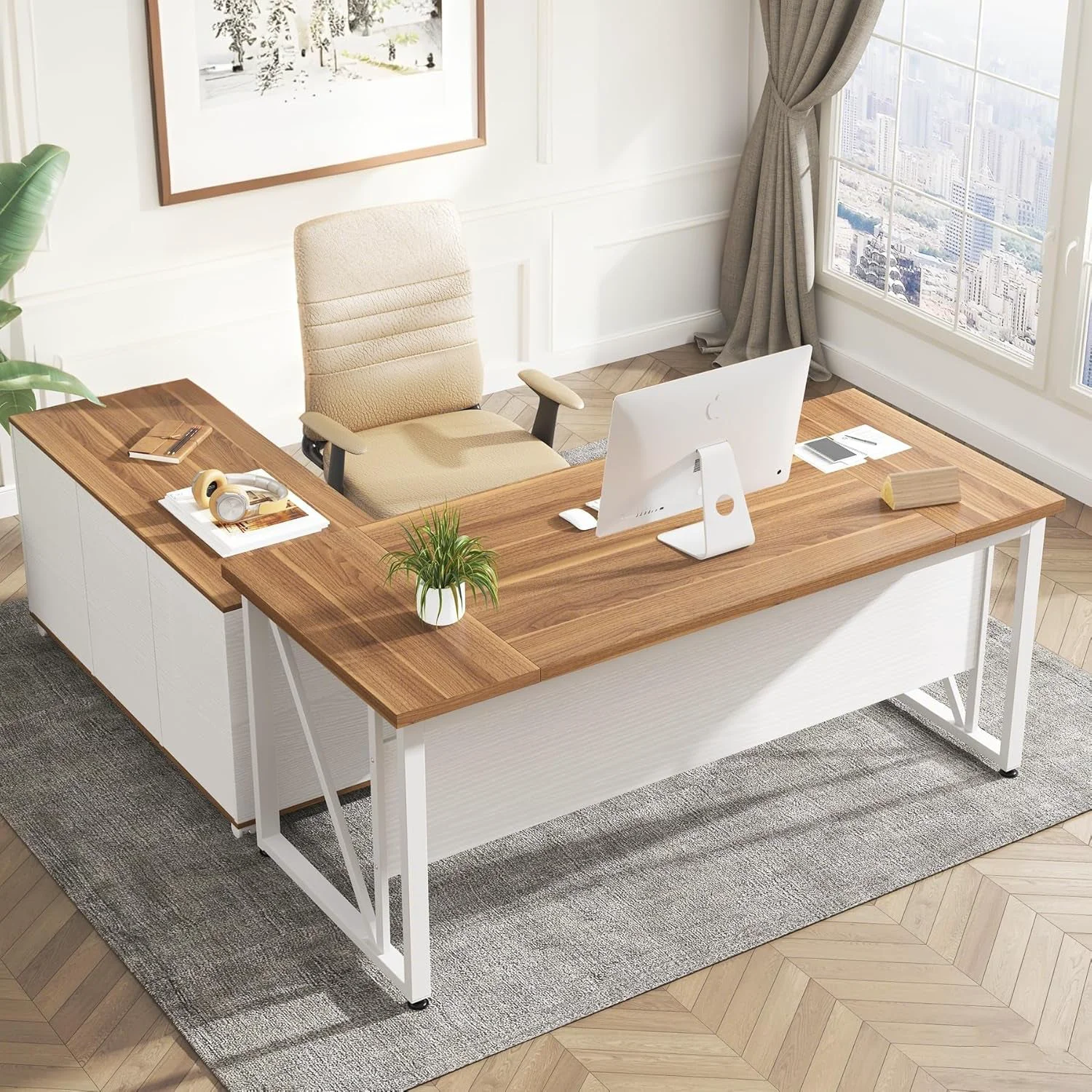 First-Class 63Inch Walnut Executive Computer Desk With Cabinet Carefully Designed