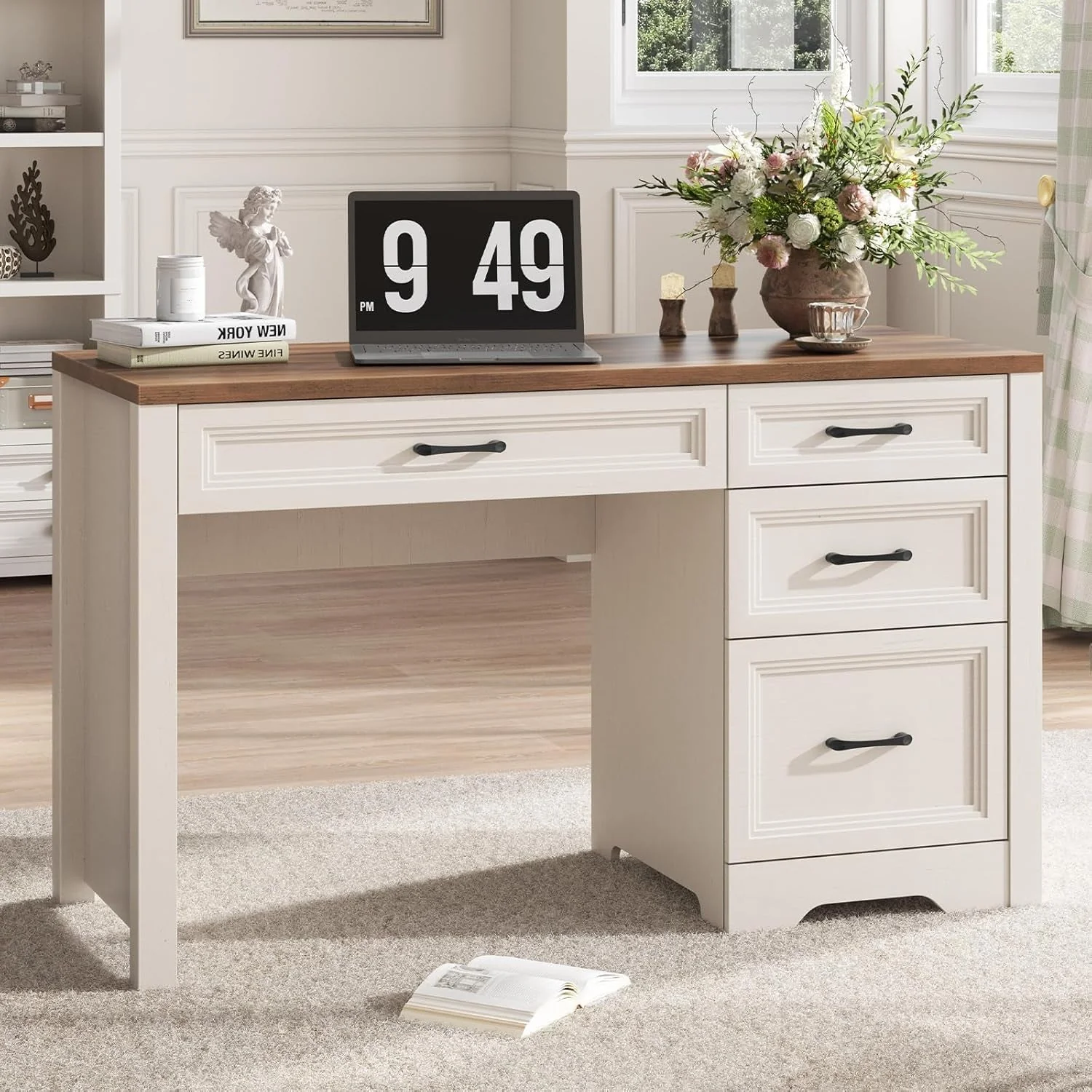 Certified Farmhouse Executive Desk With Generous Drawers White Practical
