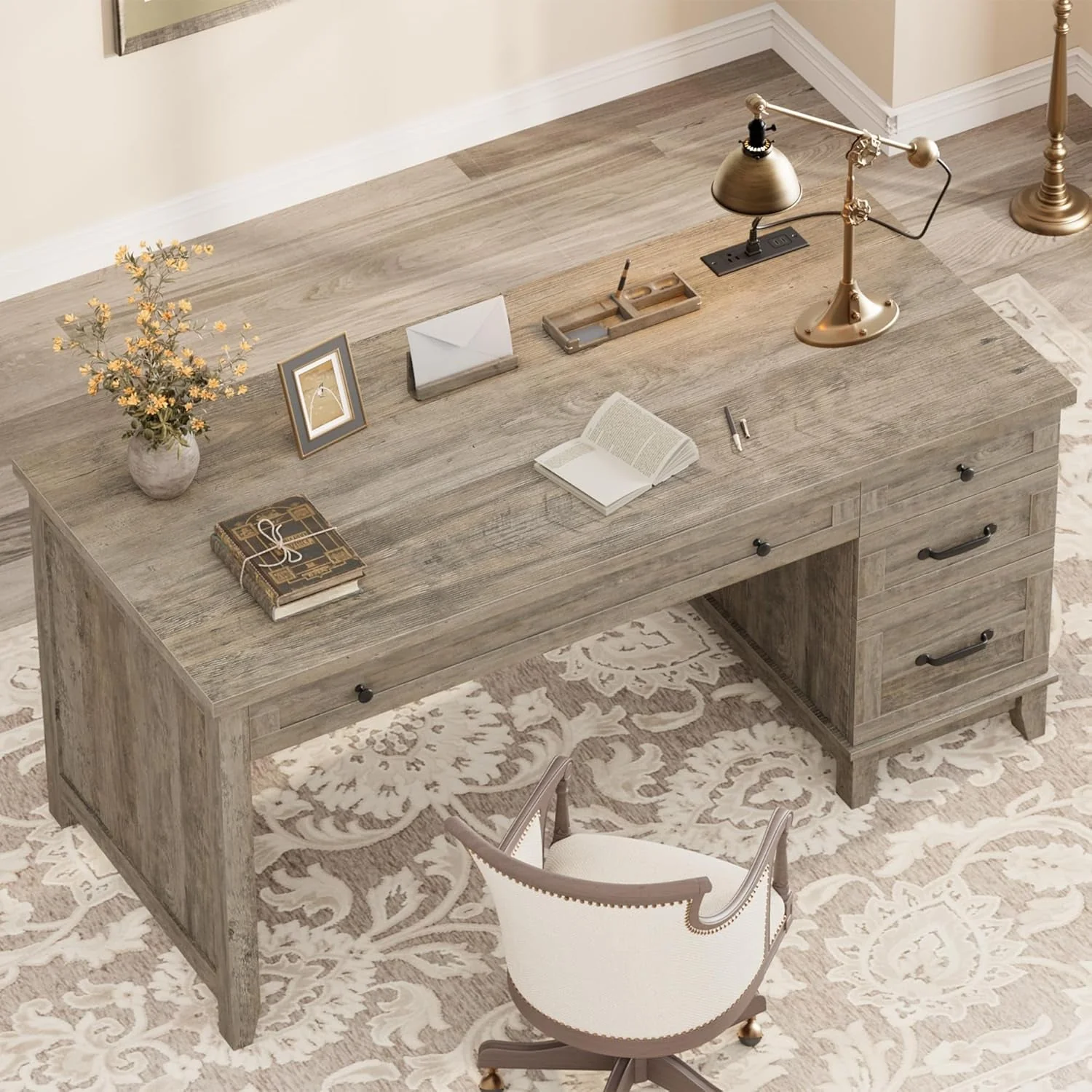Eco-Friendly 53Inch Rustic Farmhouse Desk With Charging Station Unique