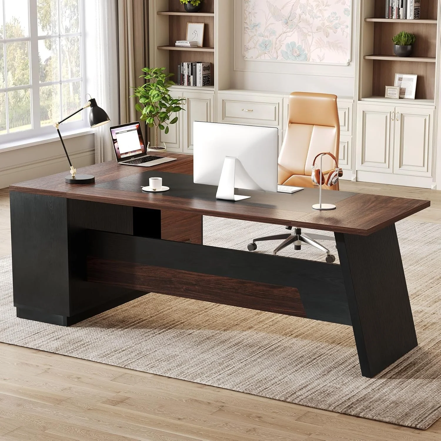 Relaxed Brown 78Inch Executive Desk Featuring File Cabinet Modern