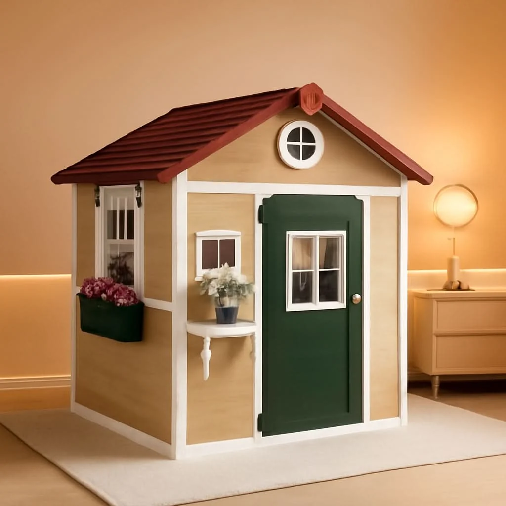 Prestigious Beige Wooden Outdoor Playhouse With Expansive Windows Powerful