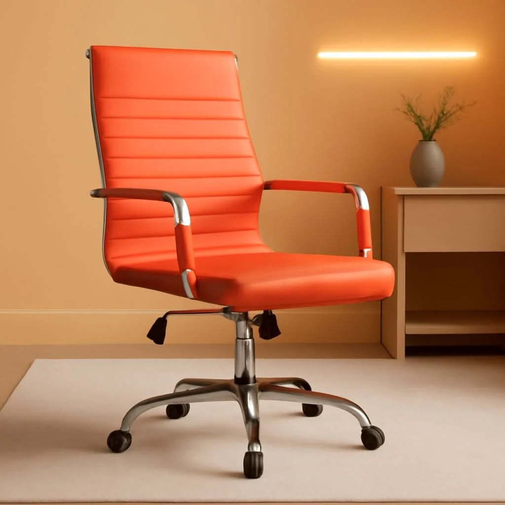 Easy-to-Use Orange Ribbed Leather Office Desk Chair Adjustable Height Fast