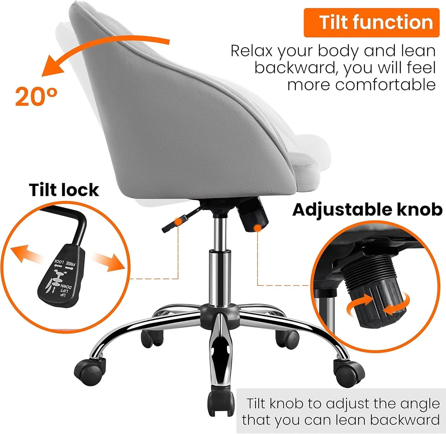 Luxury Light Gray Velvet Desk Chair With Adjustable Tilt Arm Safe
