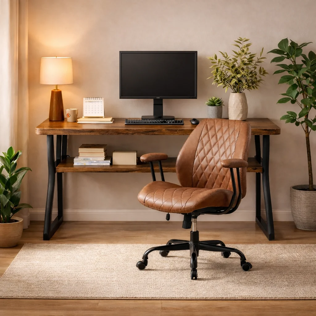 Elegant 47 Inch Brown Computer Desk with Storage Shelf and Ergonomic Office Ch Stylish
