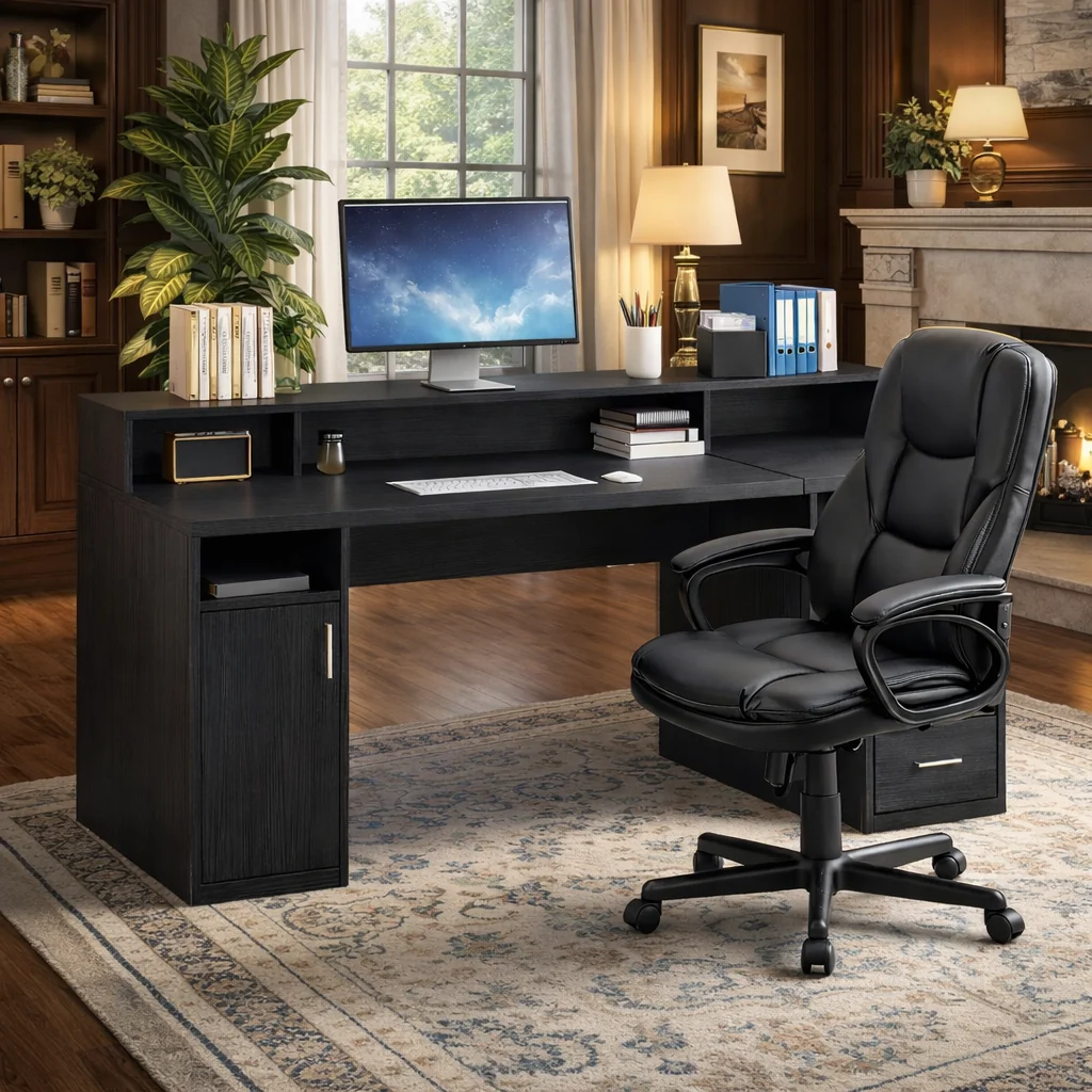World-Class 65 Inch Black Computer Desk with Storage Shelves 3 Drawer File Cabine Luxury
