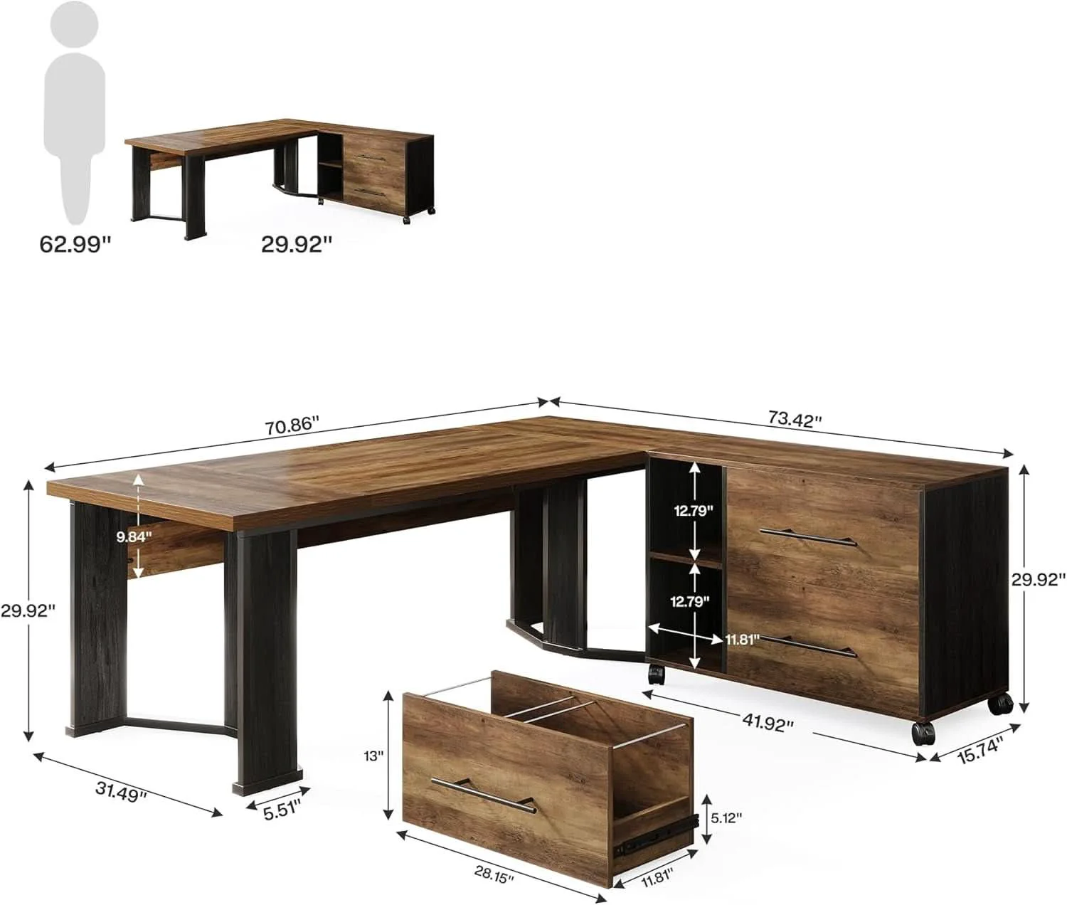 Functional Large L Shaped Executive Desk with Mobile File Cabinet Smart