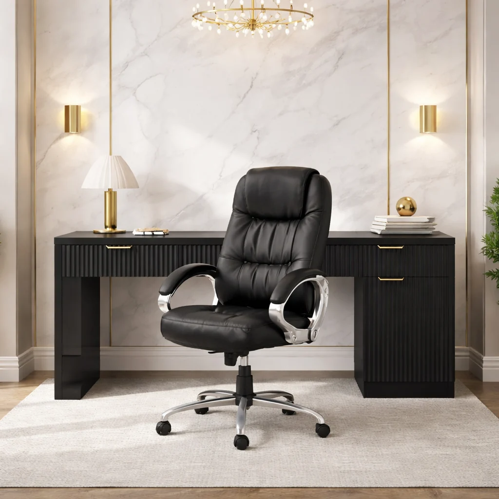 Fine Crafted 60 Executive Desk with Fluted Drawers and High Back Ergonomic PU Chai Comfortable