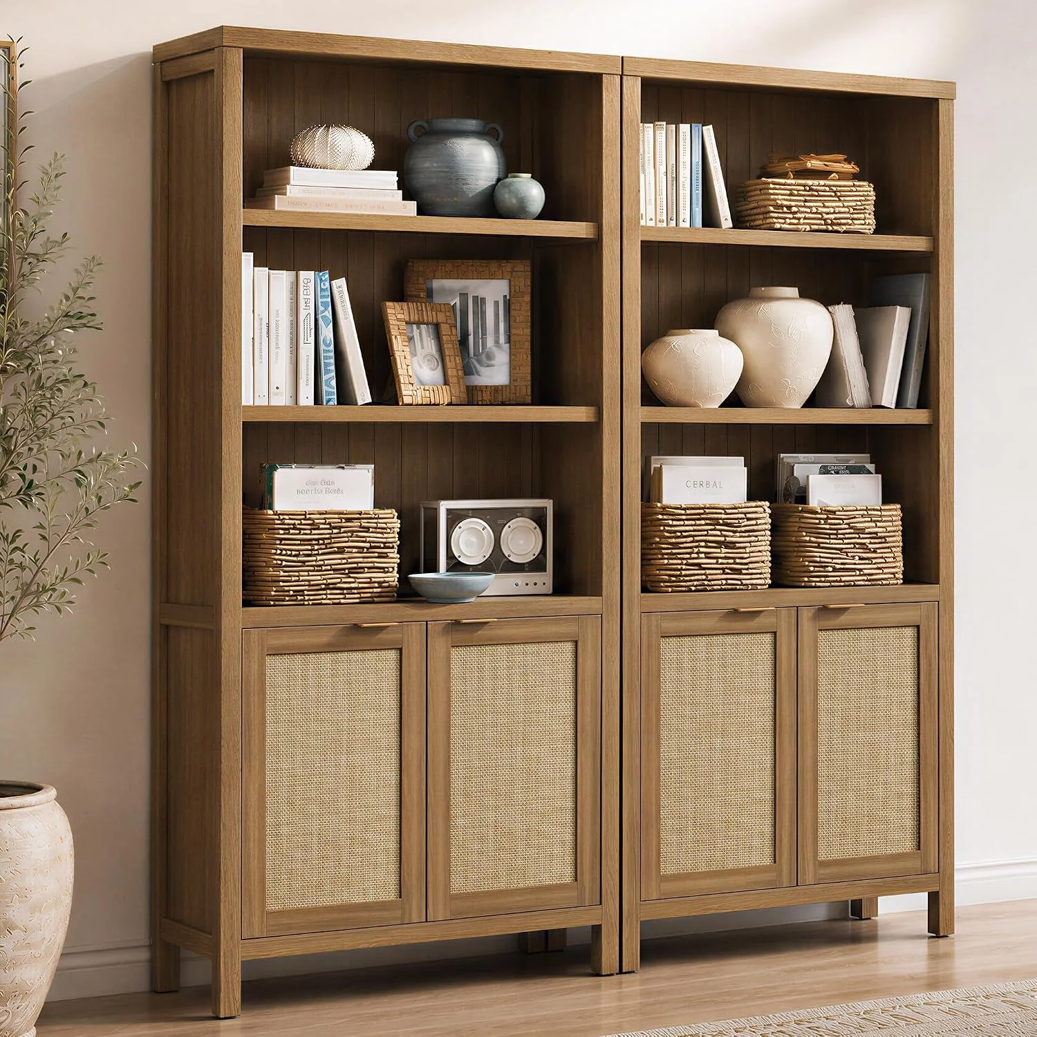 Practical Tall Rattan Bookcase Featuring Doors Adjustable Shelves First-Class