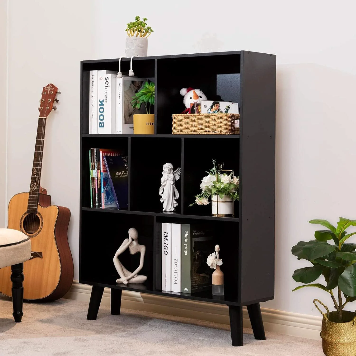 Sustainable Black standing Wooden Bookcase With Ample Storage Unique