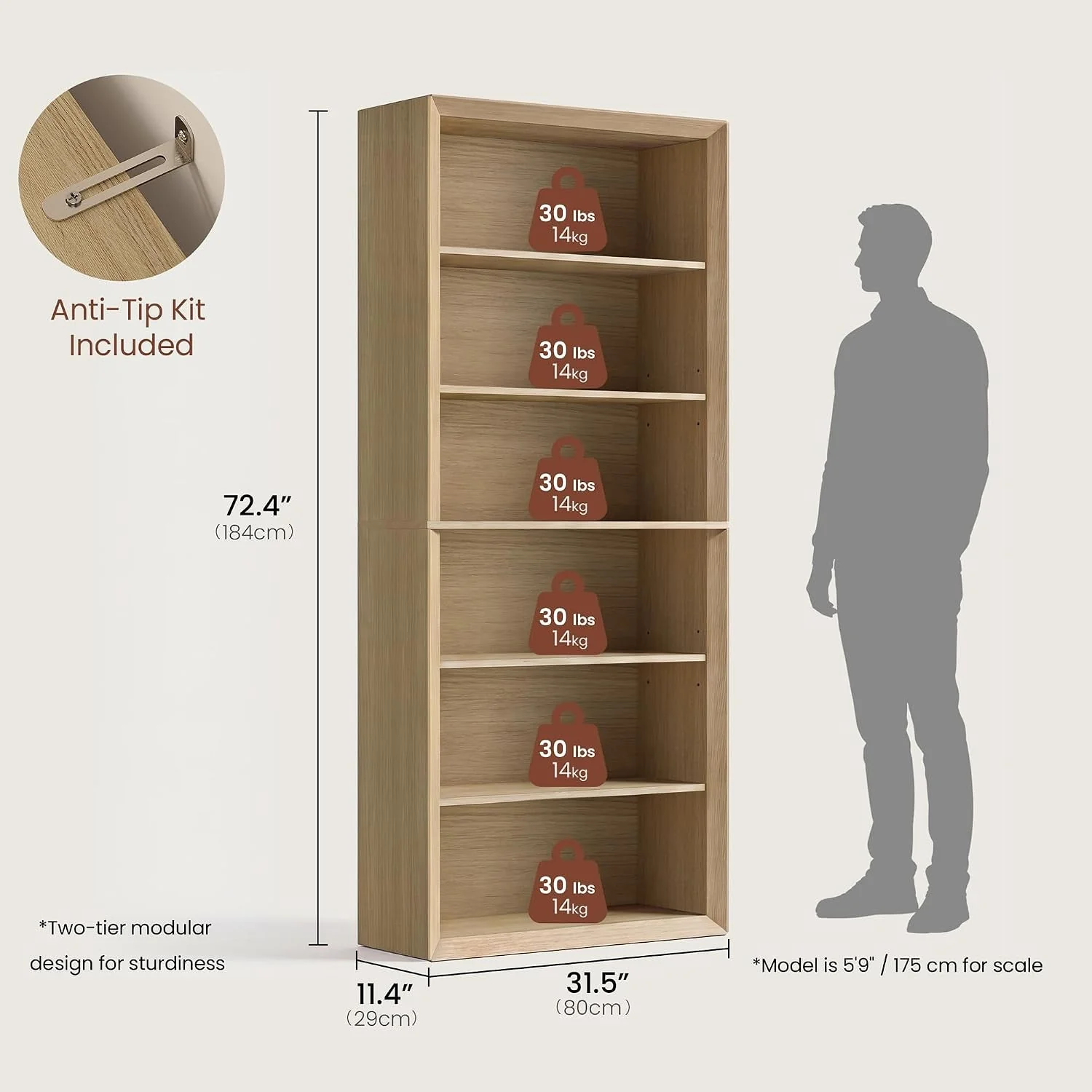 Classic 72 Inch Natural Wood Adjustable standing Bookcase Eco-Friendly