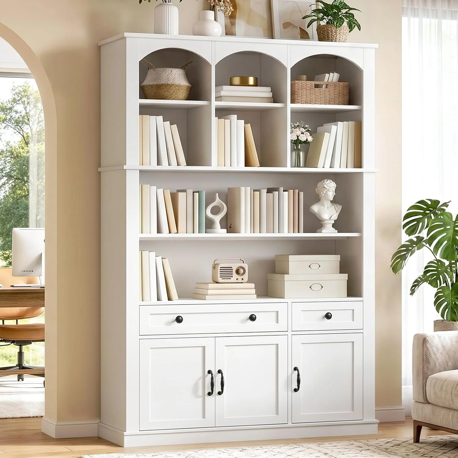Unique White Farmhouse Arched Bookcase Featuring Large Drawer Elegant