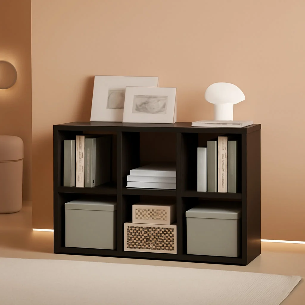 Exclusive Six Cube Reversible Bookcase With Black Oak Finishes Relaxed