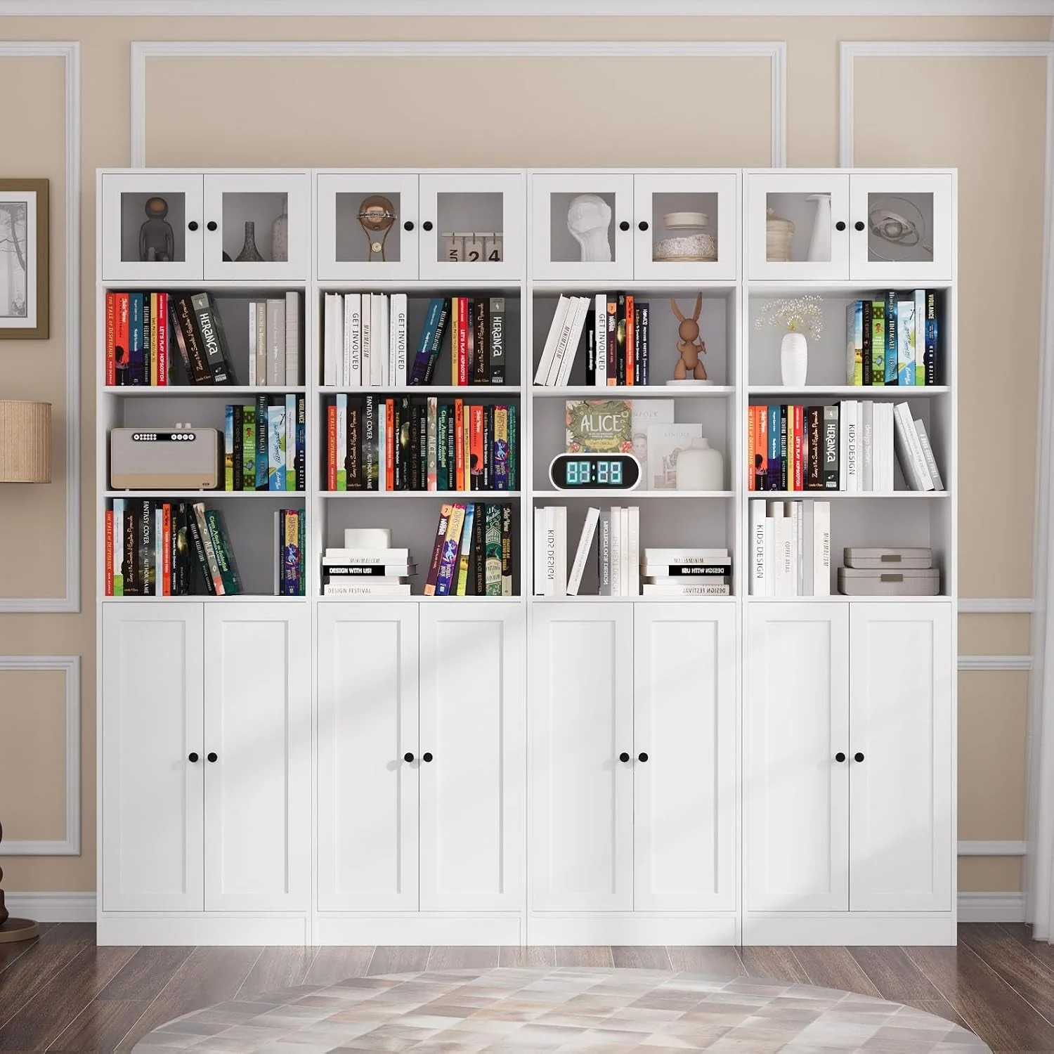 Sophisticated White Glass Doors Bookcase Featuring Practical Storage Design Functional