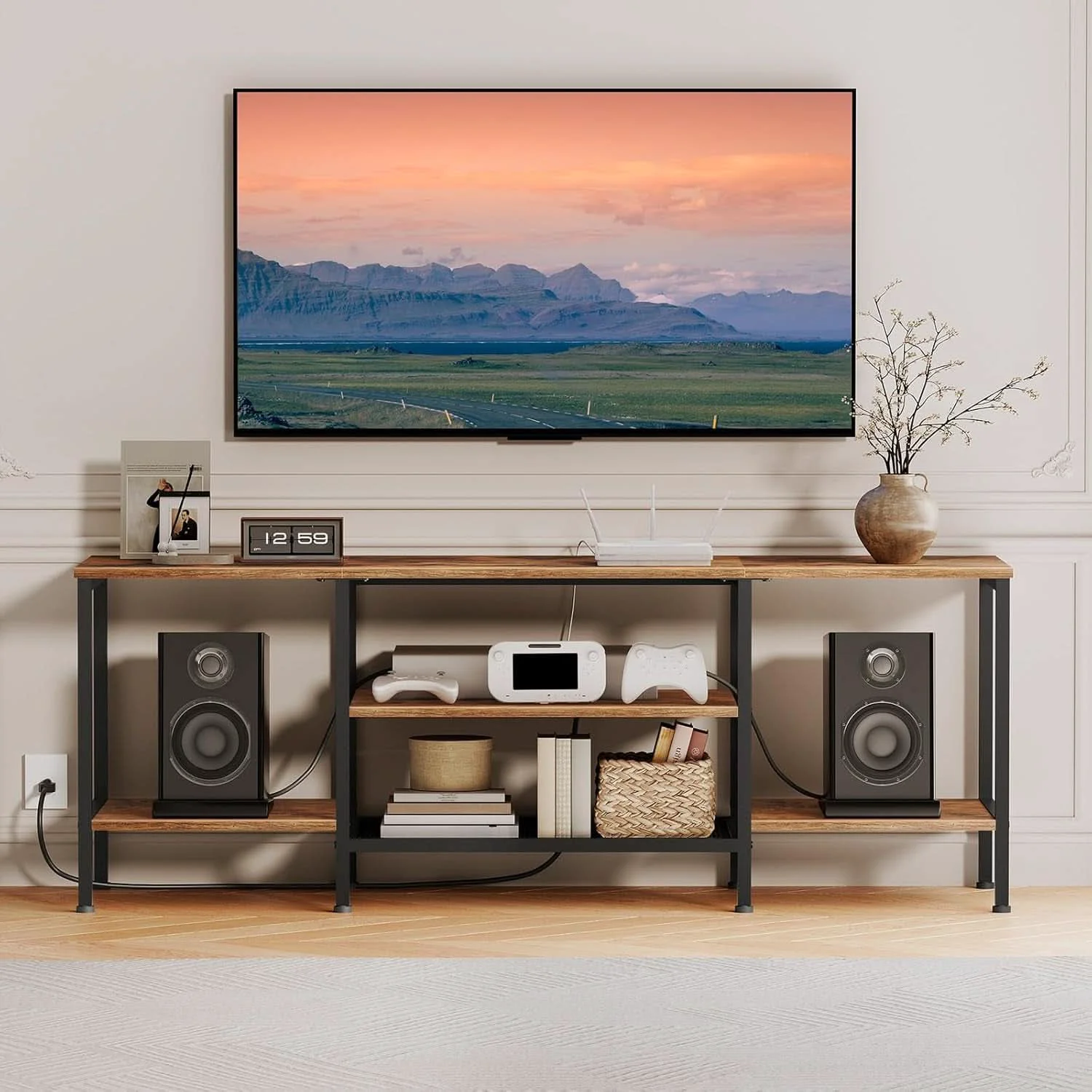Secure TV Stand With Power Outlets For 65 Inch TV Open Shelves Versatile