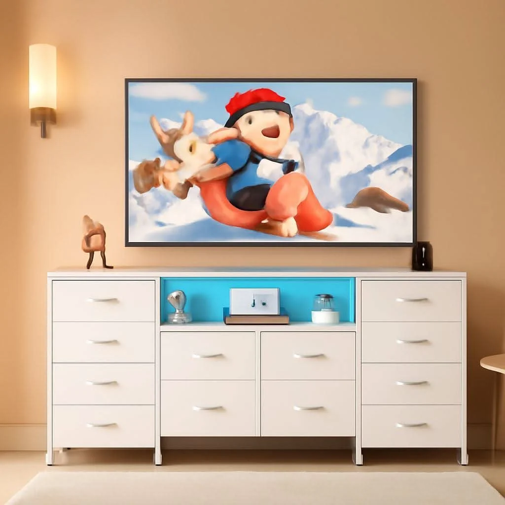 Specialty White TV Stand Dresser With Integrated LEDs 65 To 75 Inch TV Fashionable