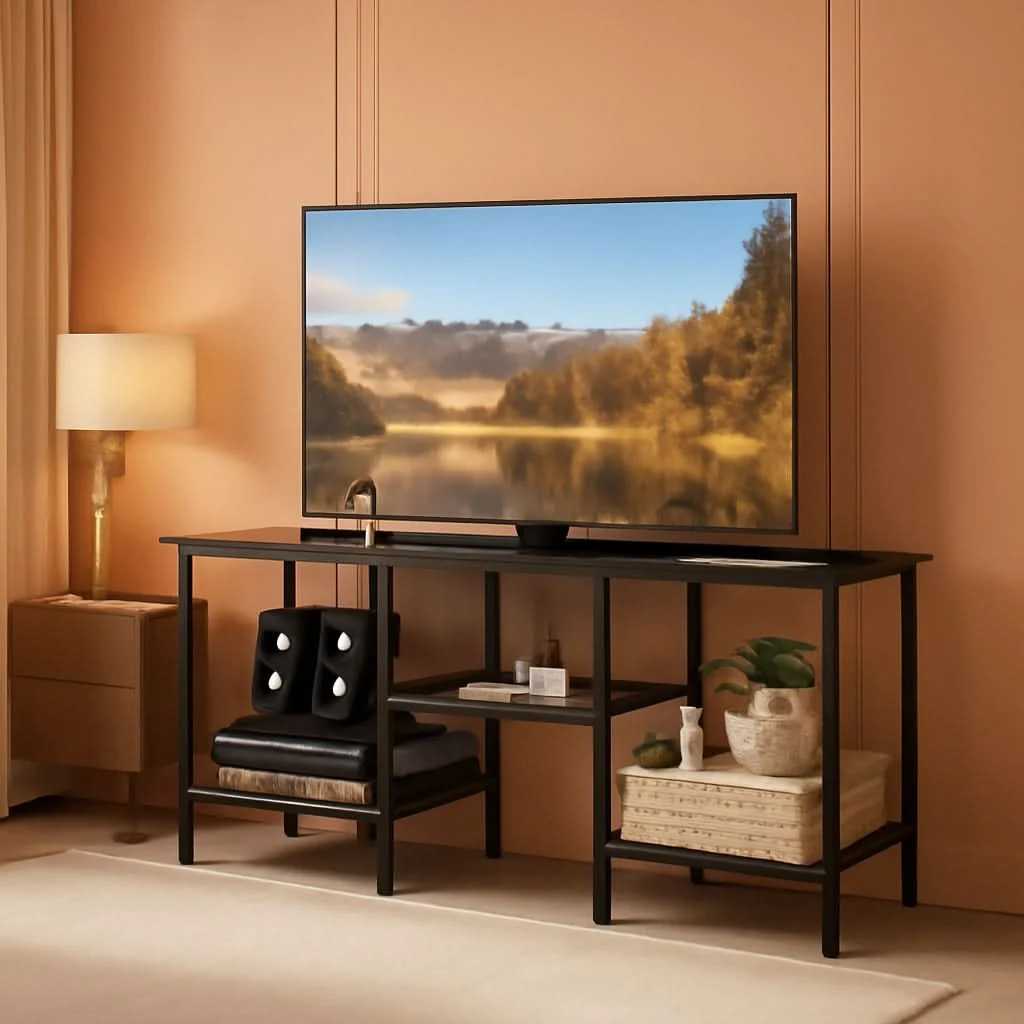 Reliable Black Living Room TV Stand Integrated Charging Outlets Responsible