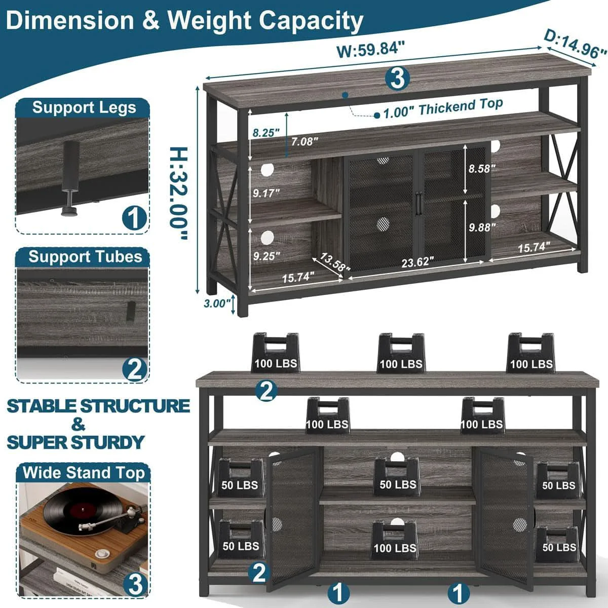 Casual Tall TV Stand for 65 Inch TV With Storage Cabinet Grey Oak High-End