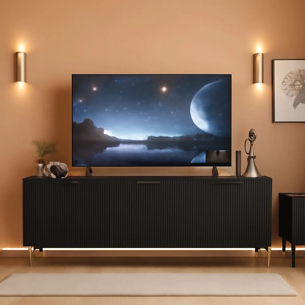 Professional Black TV Stand for 80 Inch Televisions Entertainment Eco-Friendly