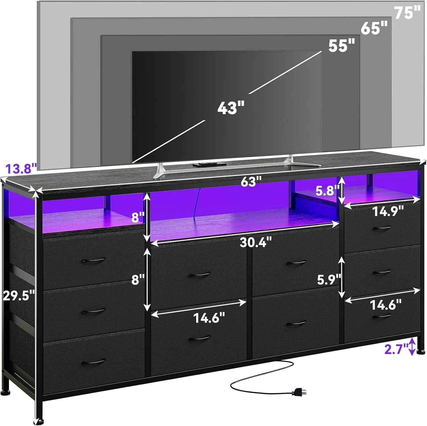 Excellent 63 Inches Black Dresser TV Stand Entertainment Center Genuine