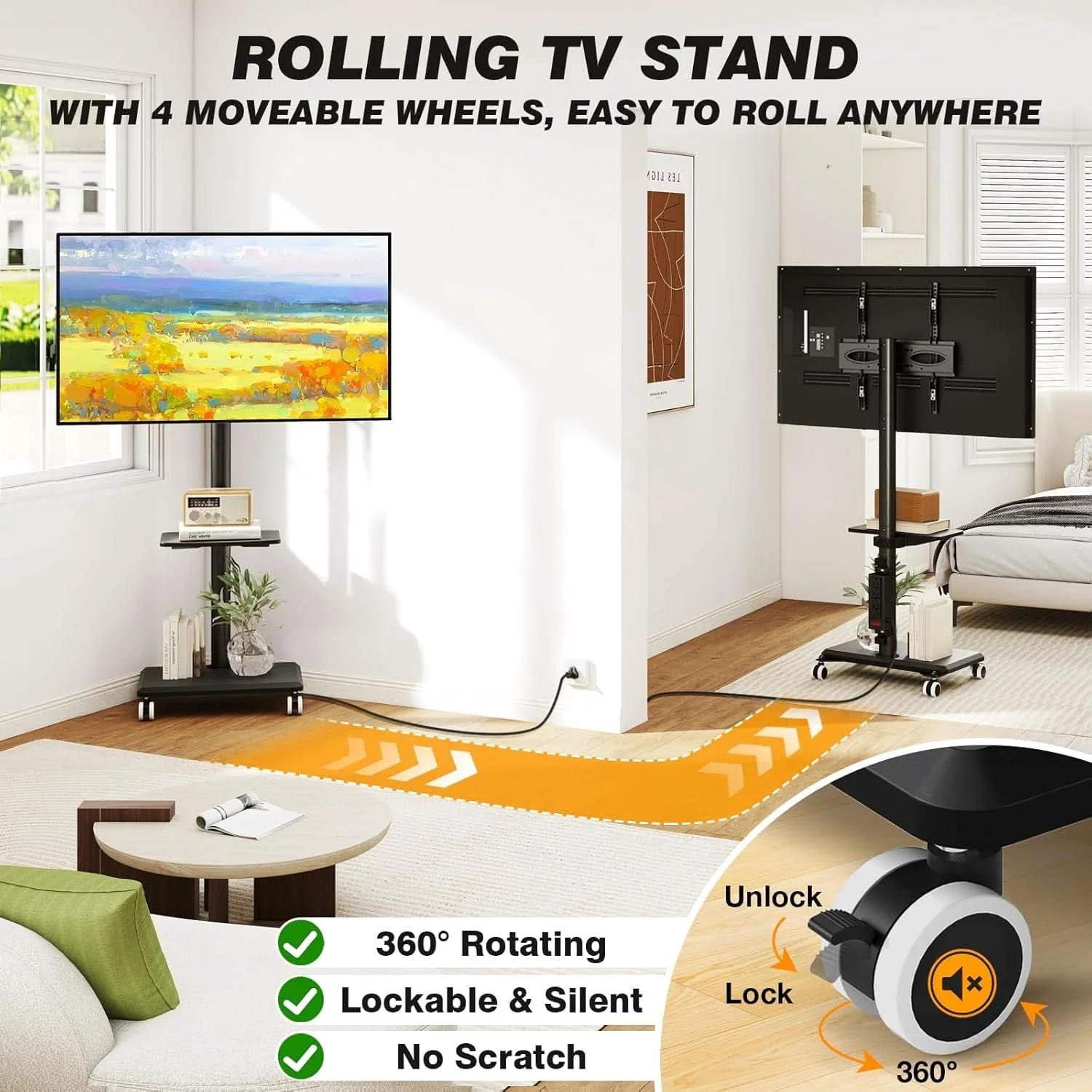 Premium Material Black Rolling TV Stand With Integrated Storage Shelving Sophisticated