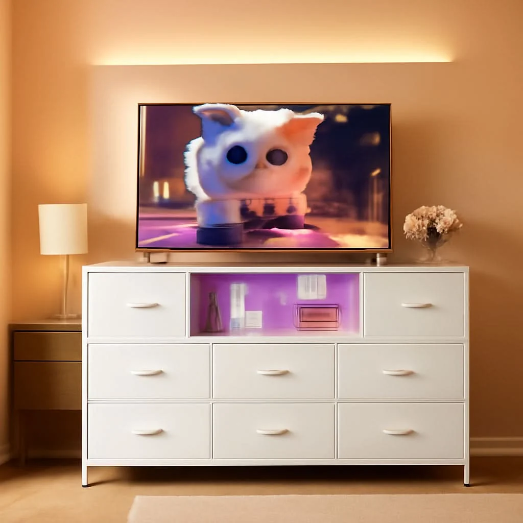 Trendy White Dresser TV Stand for 55 Inch TV with Charging Station LED Lights Exclusive