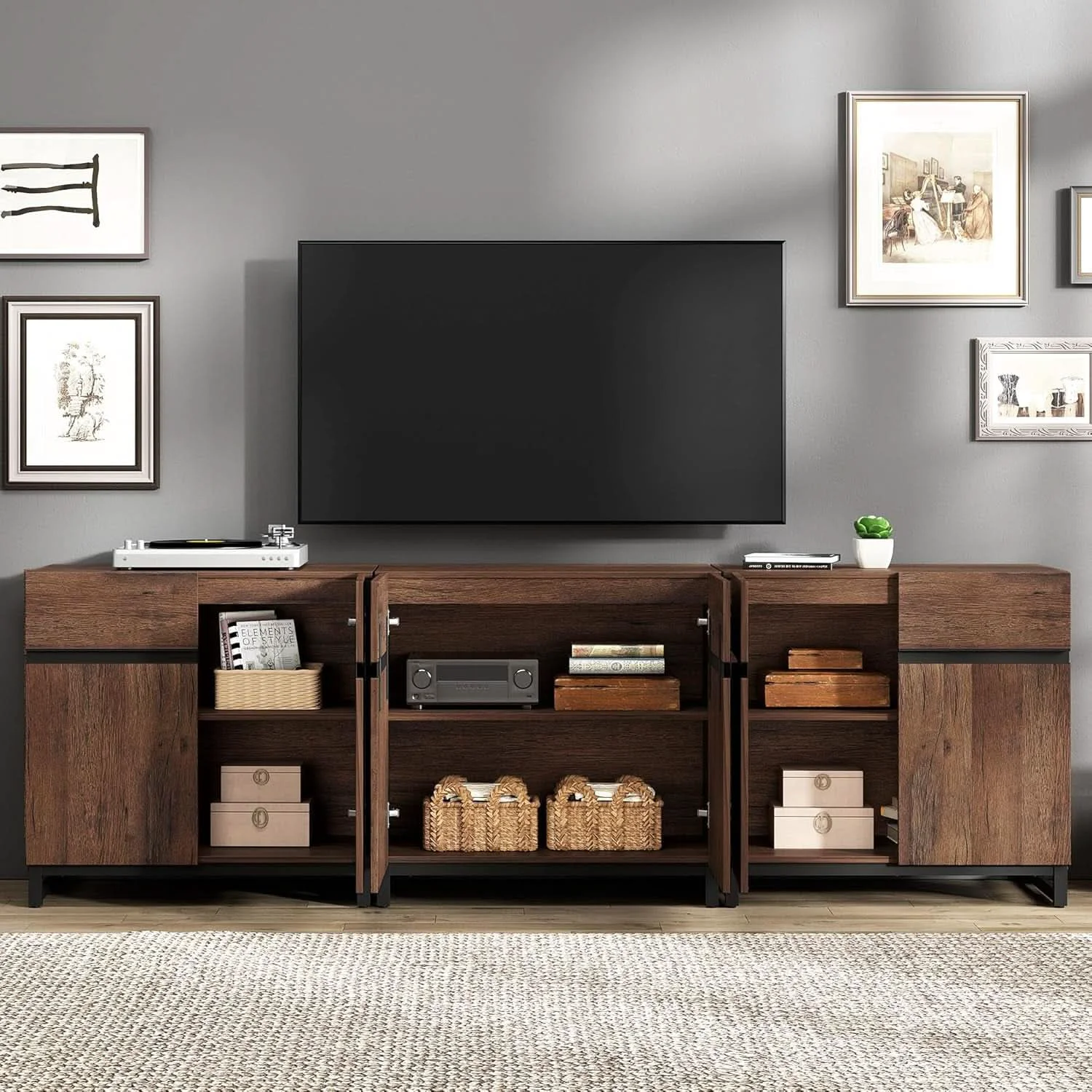 Solid Brown 3 In 1 TV Stand For 100 Inch TV Adjustable Shelves Metal Base Luxury