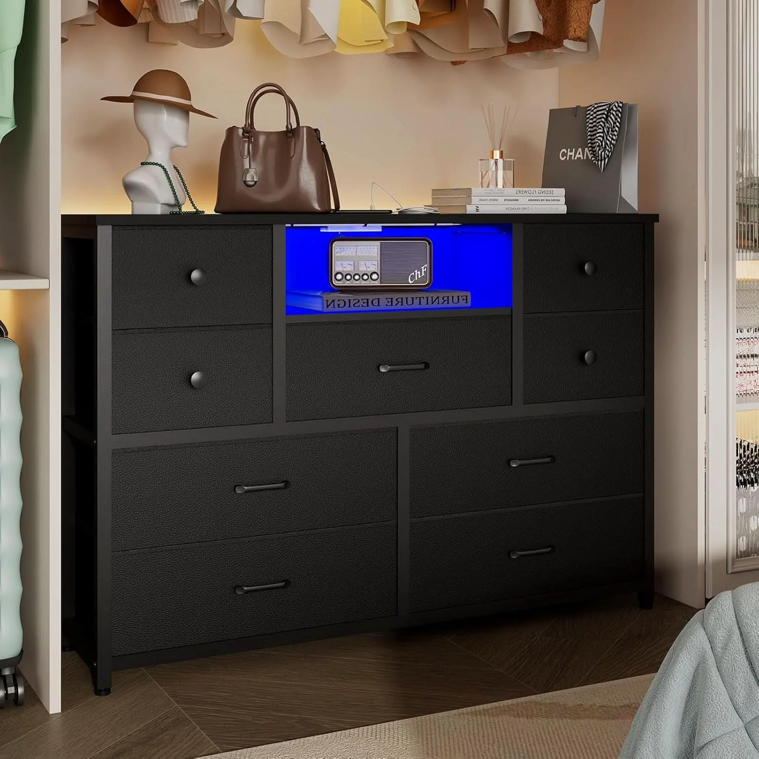 Authentic Charcoal Nine Drawer Wardrobe TV Stand With LED Lighting Comfortable