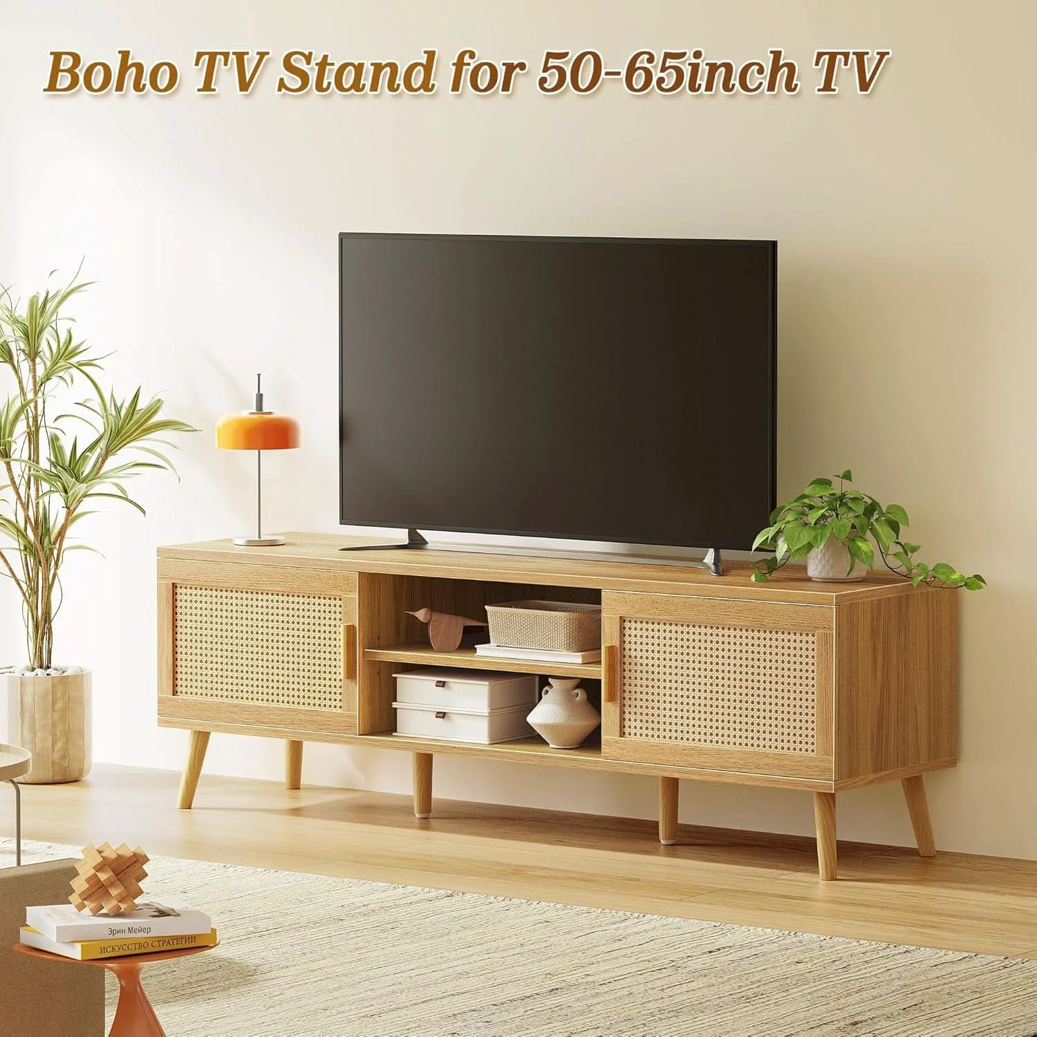 Green 65 Inch Boho TV Stand With Rattan Entertainment Center Prestigious