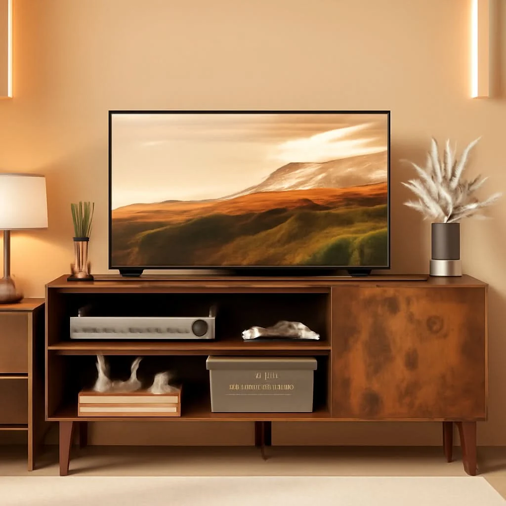 Luxury Mid Century TV Stand for 55 Inch TV Brown Wood Entertainment Center Wi High-Performance