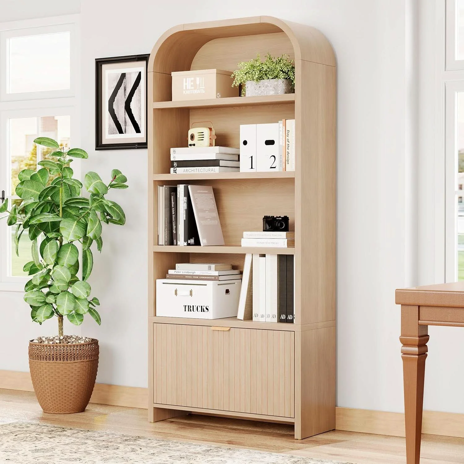 Environmentally Friendly Arched Bookcase With Fluted Drawer Seventy Inch Natural Authentic