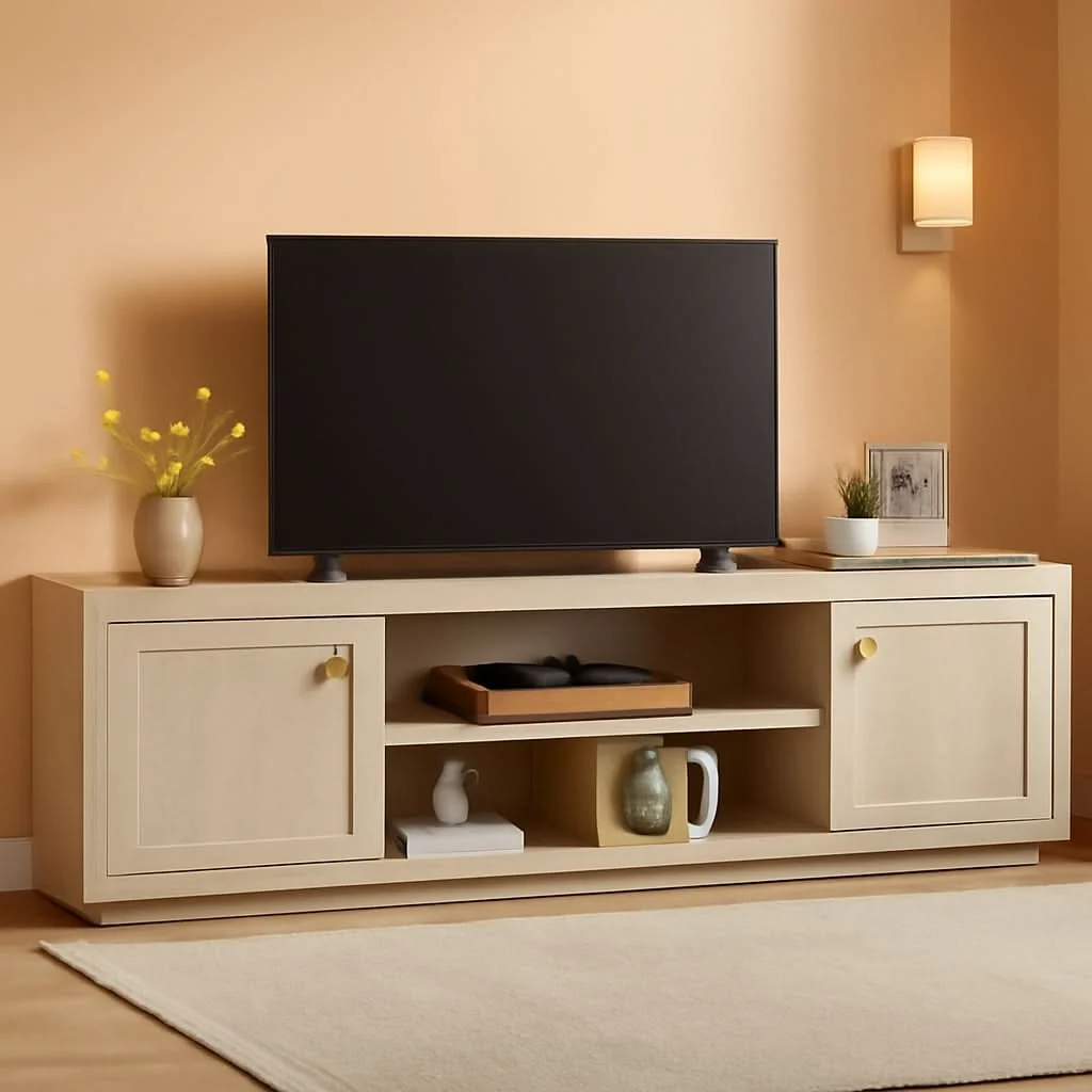Organic 67 Inch TV Stand Grey White Oak Entertainment Center Safe
