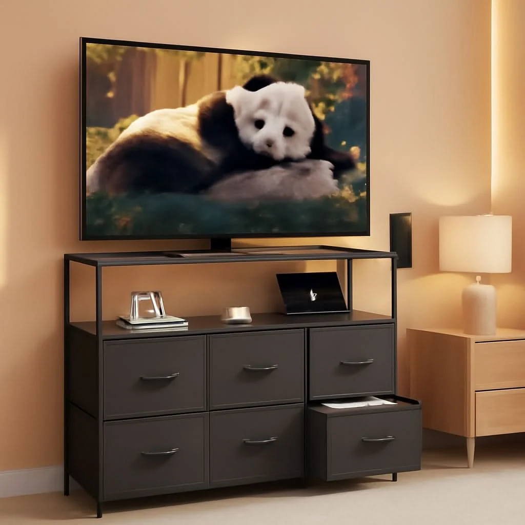 Luxury Dresser TV Stand Black With Built In Charging Station Minimalist