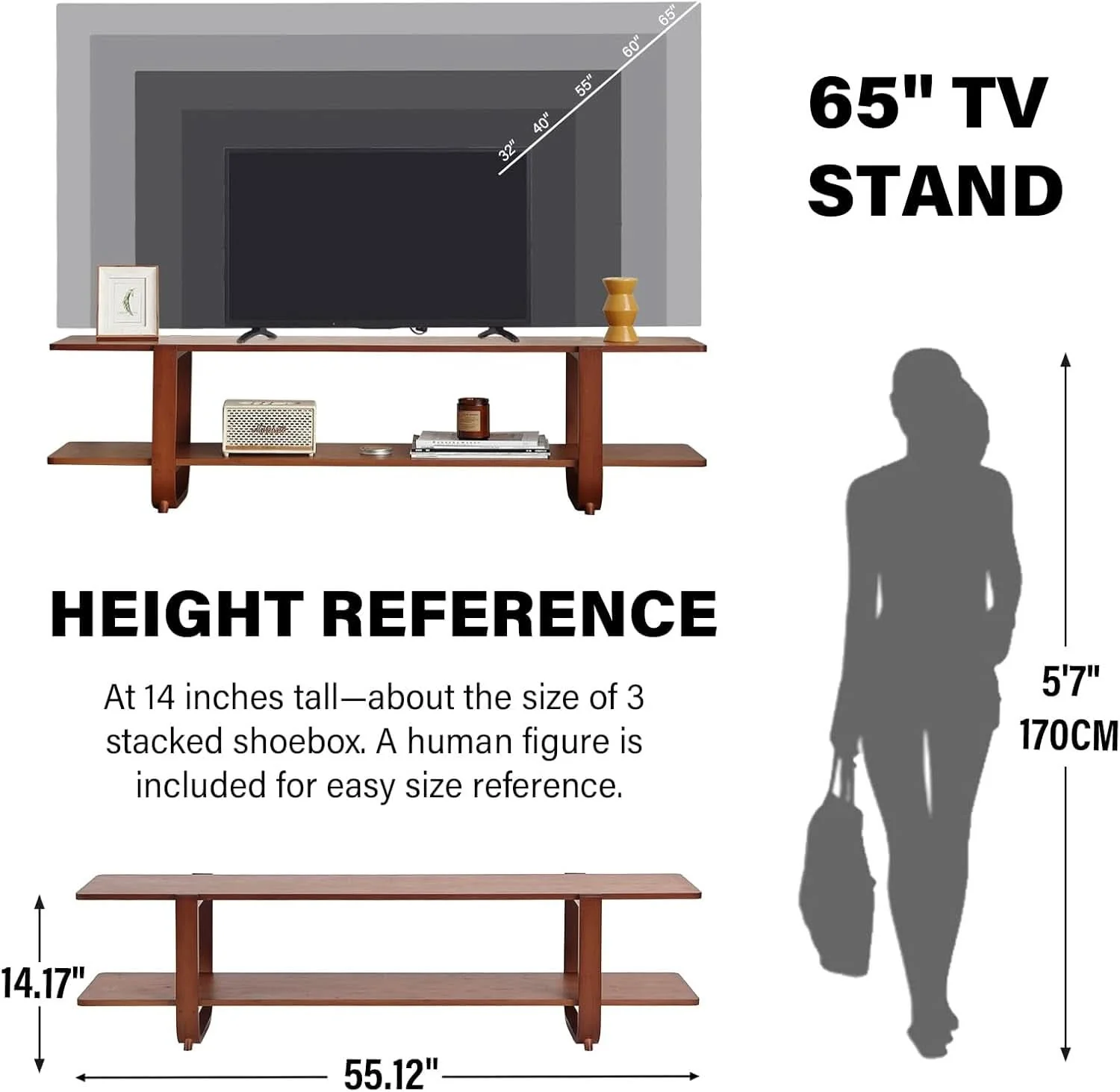 Casual Bamboo TV Stand 65 Inch Walnut Stain Durable Console Convenient