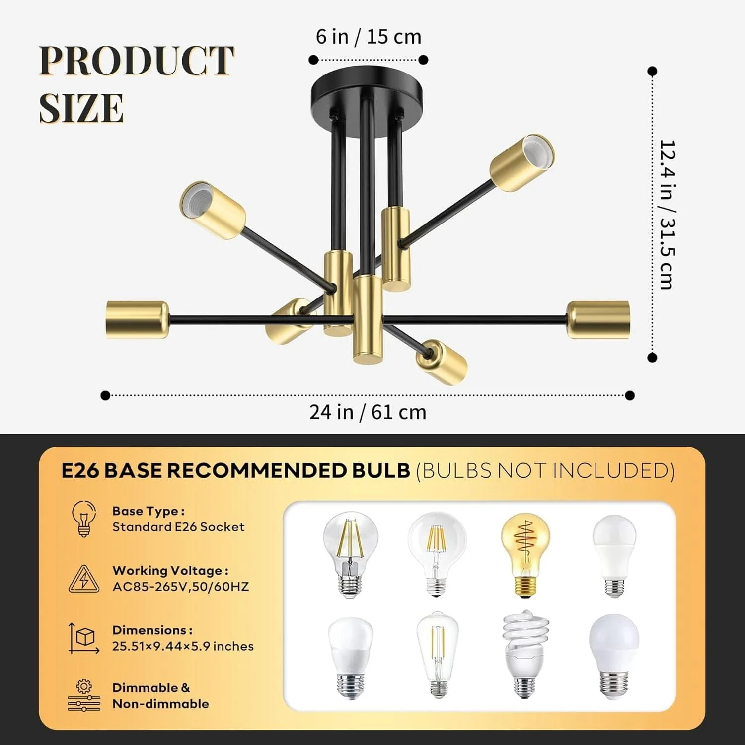 Functional Modern Sputnik Chandelier Ceiling Light 6 Lights Black Safe