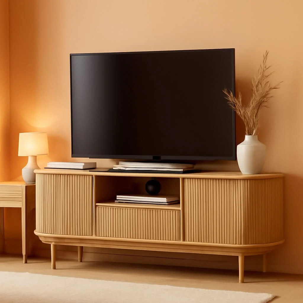 Organic 63 Inch Fluted Natural Wood TV Stand Entertainment Center Breathable