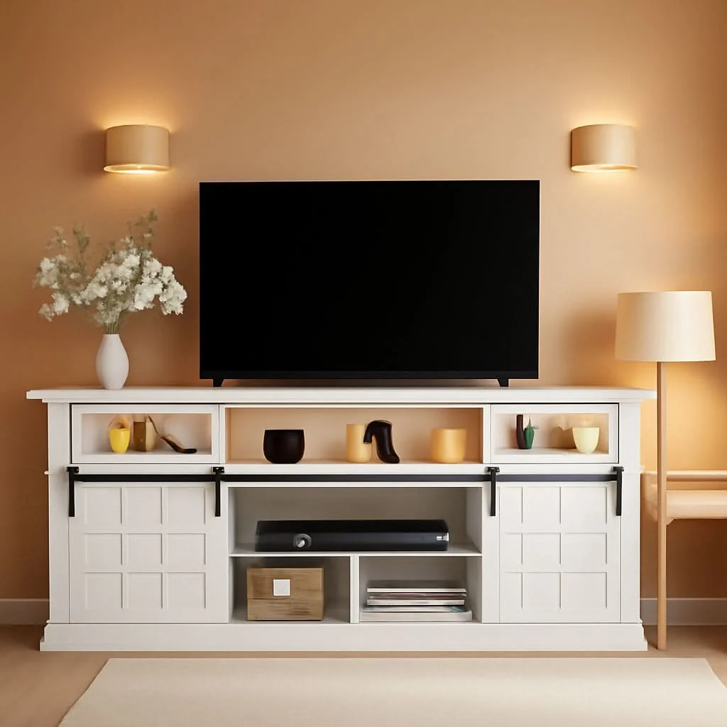 Unique 70Inch LED TV Stand Farmhouse White USB-Power Outlets Traditional
