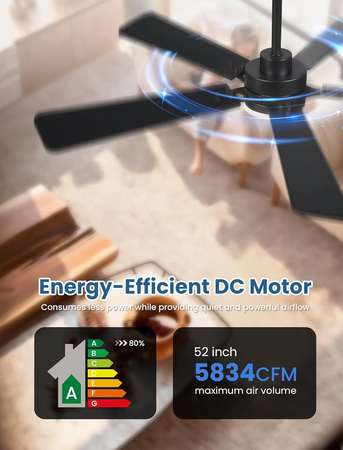 Contemporary 52Inch Matte Black Ceiling Fan Remote Dimmable LED Lights Organic