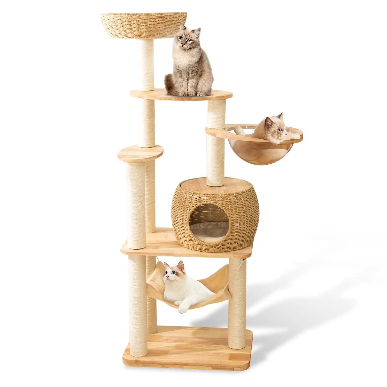 Reliable SHODMI 59-inch Big Modern Cat Tree Tower – Oak Wood Cat Condo with Space Capsule Nest Sisal Posts Authentic