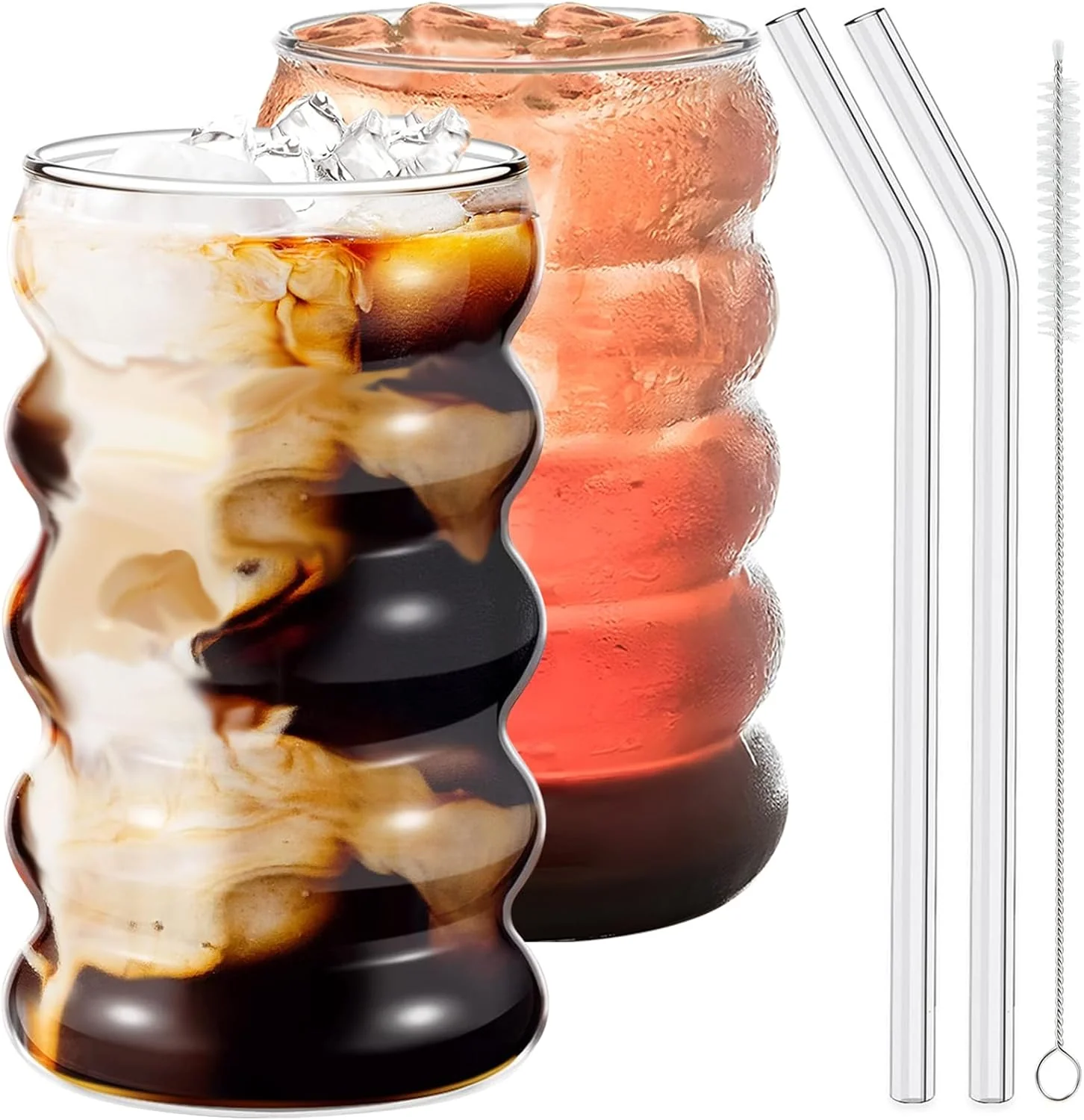 Green Ework4U 2 Pcs Drinking Glasses with Glass Straws 20oz Iced Coffee Milk Tea Fruit Smoothie Glasses - I for Water Soda Tea - Gift Set with Cleaning Brush