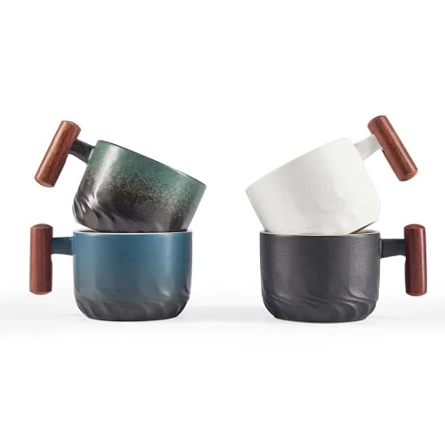 Professional 6 Oz Ceramic Espresso Mugs with Wooden Handle 4 Count Premium Material