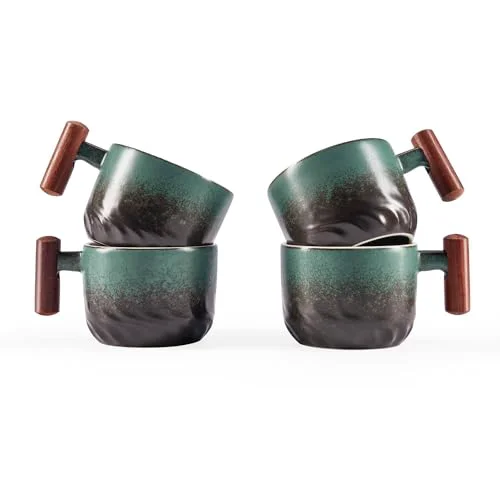 Convenient 6oz Ceramic Espresso Cups with Wooden Handle 4 Count Fast