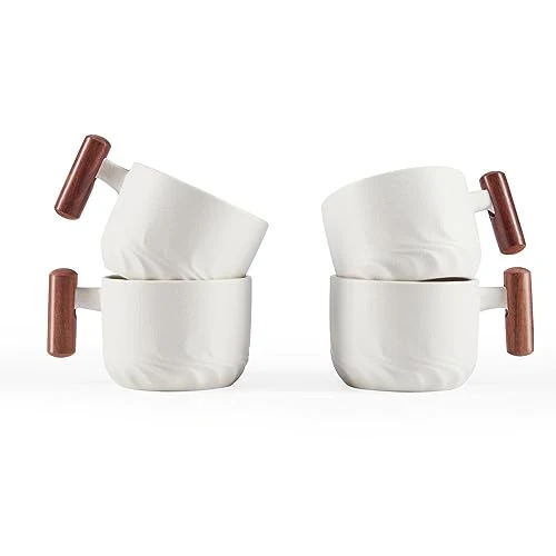 Natural 6oz Ceramic Espresso Cups with Wooden Handle 4 Count Minimalist