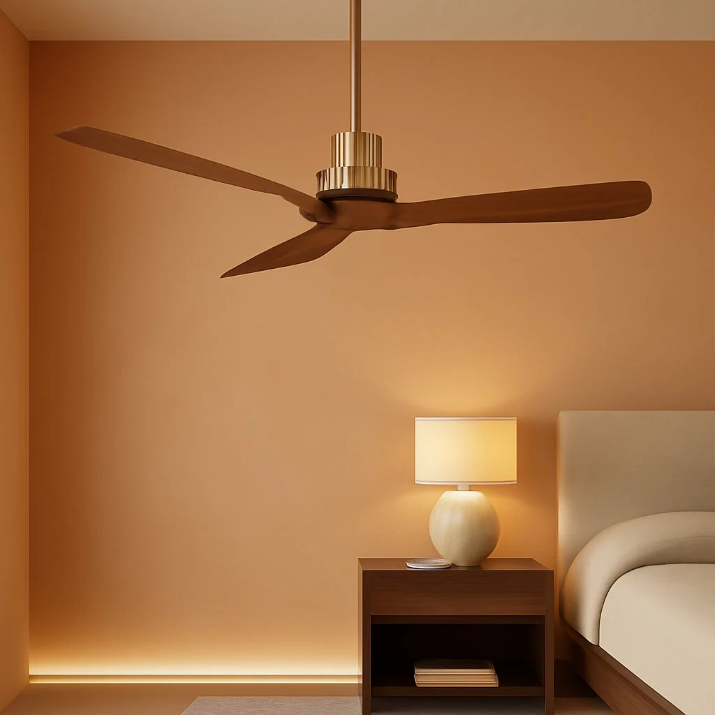 Stylish Contemporary Hardwood Ceiling Fan Featuring Soft Brass Crafted